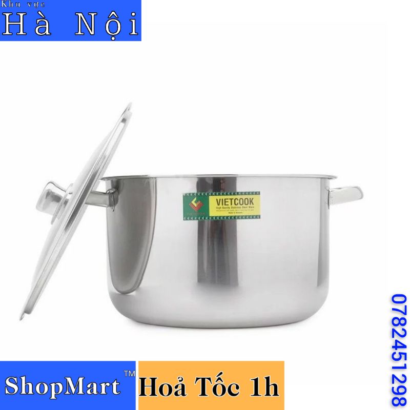Nồi Inox Bếp Từ 3 Đáy Vung Kính VIETCOOK size 16, 18, 20, 22, 24, 26, 28, 30, 32 cm cao cấp nồi luộc gà