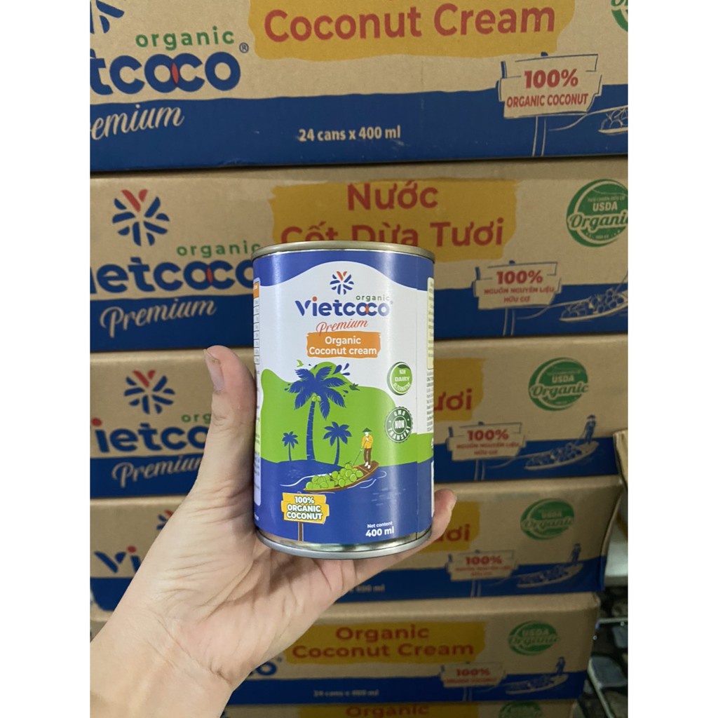 Nước cốt dừa Hữu cơ Vietcoco đóng hộp nguyên thùng lon dung tích 400 ml - Organic Coconut Cream