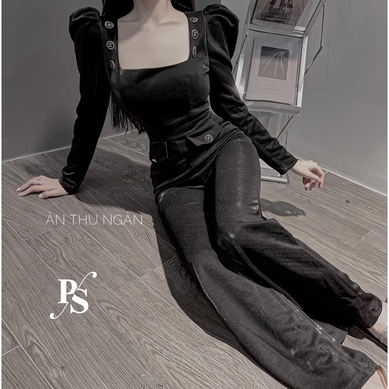 Jumsuit cổ vuông tay bồng đính đá