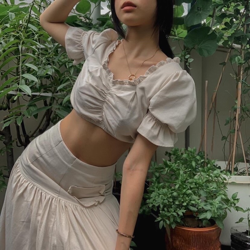 OLALASTUDIO Set linen áo croptop và chân váy dài Eugen Linen Set