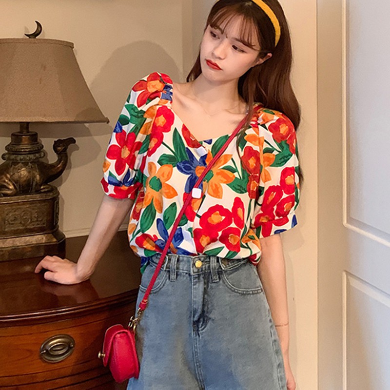 Áo Kiểu Tay Ngắn Hoạ Tiết In Thiết Kế Dáng Rộng Che Khuyết Điểm | BigBuy360 - bigbuy360.vn