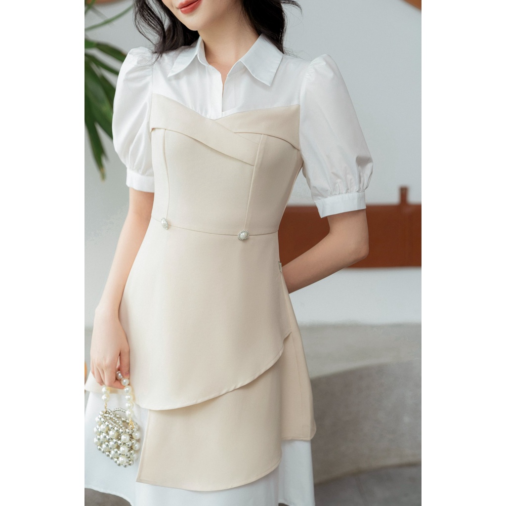 Váy công sở ngắn tay vai bồng 2 vạt chéo  TIINSTORE  VHN476
