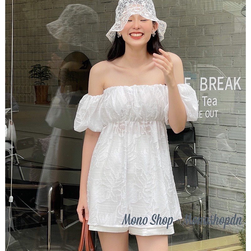 [Sẵn] Áo ren trễ vai tay bo nhún ngực trễ vai hoa chìm siêu xinh