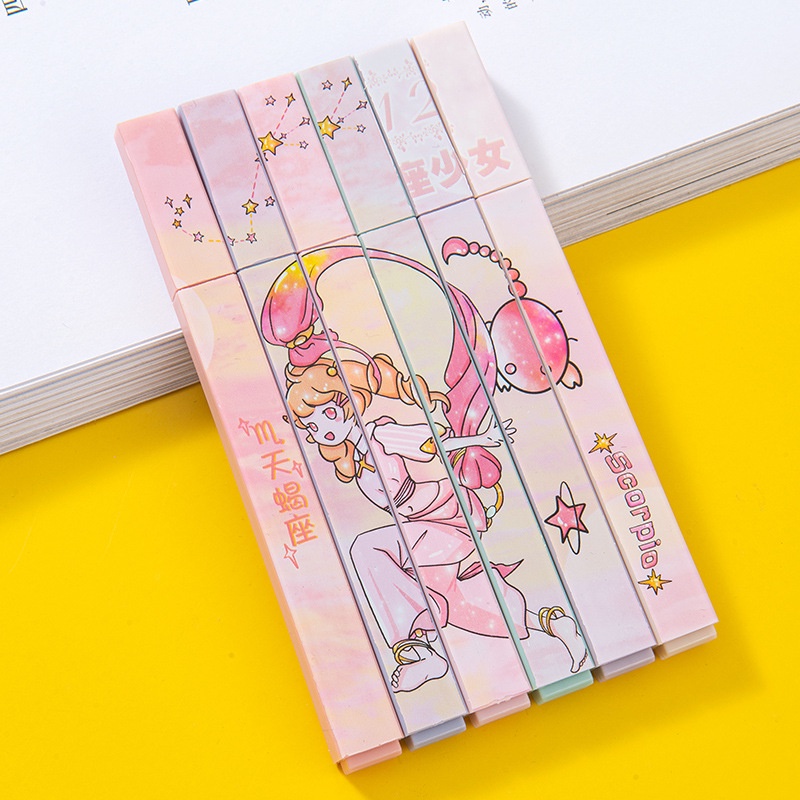 Bộ 6 cây bút lông đánh dấu thủ công 6 màu họa tiết 12 cung hoàng đạo tùy chọn bảo vệ mắt độc đáo dành cho học sinh