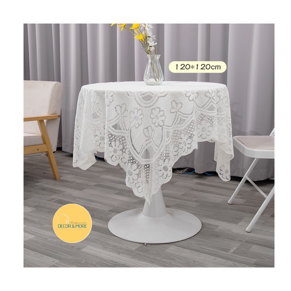 Khăn trải bàn hình chữ nhật ren trắng vintager, dùng cho bàn tròn và bàn vuông, nhiều size 60,90,120,90*160,140*200 cm