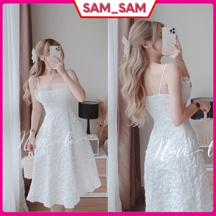 Váy gấm - Đầm gấm 2 dây vol bèo ngực cực sang chảnh,họa tiết nổi,chất đũi xốp,đi tiệc,đi chơi tại sam_sam_shop_1011