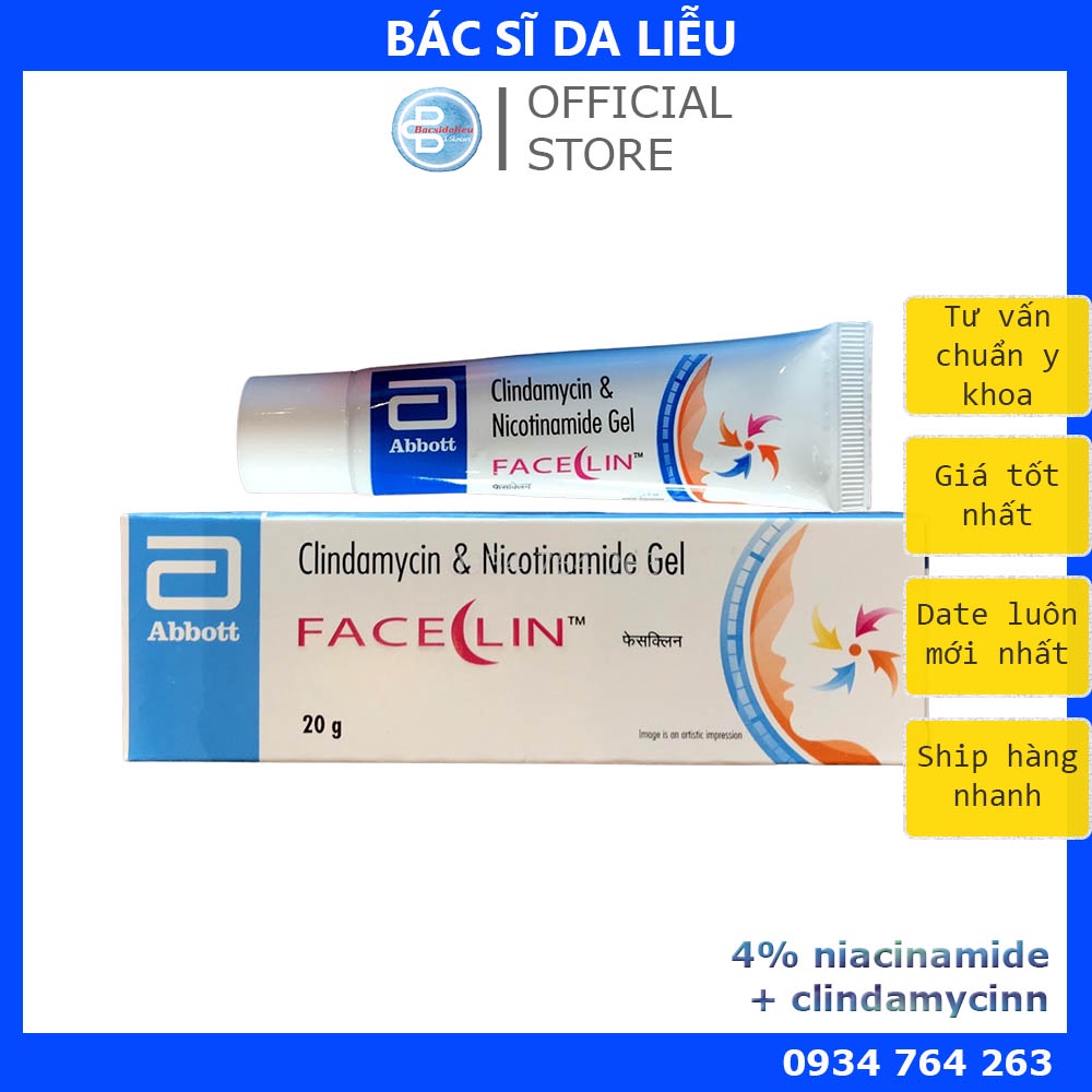 Faceclin gel (20g) chấm mụn 4% niacinamide và clin.damyci, kem giảm sạch mụn của Abbott