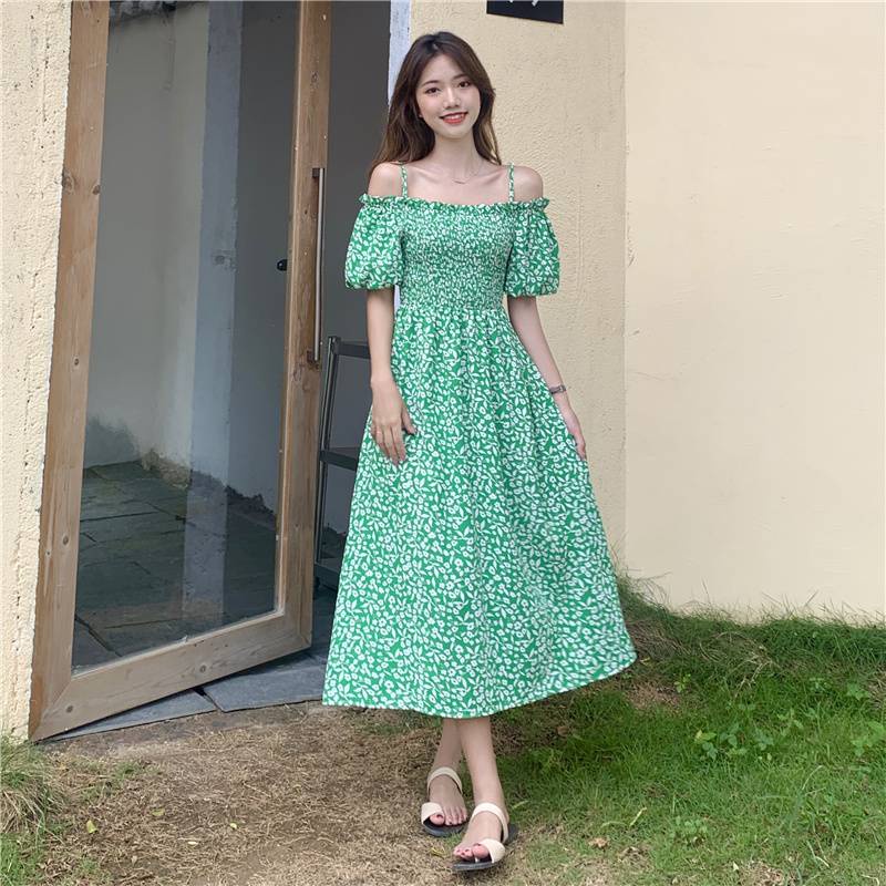 Đầm Dài Hai Dây Họa Tiết Hoa Màu Xanh Lá Phong Cách Hàn Quốc Thời Trang Mùa Hè Cho Nữ