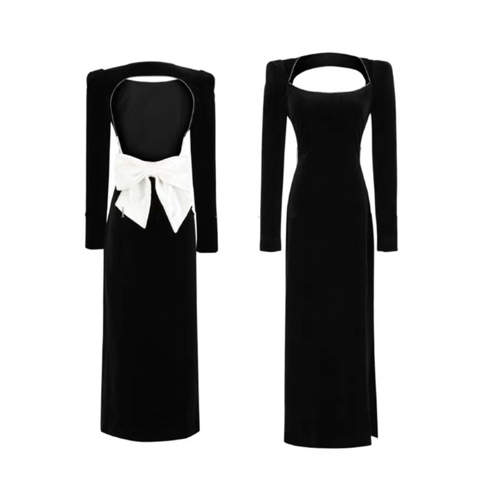 144 - ĐẦM NHUNG ĐEN CỔ VUÔNG PHỐI CỘT NƠ LƯNG TRẮNG | BigBuy360 - bigbuy360.vn