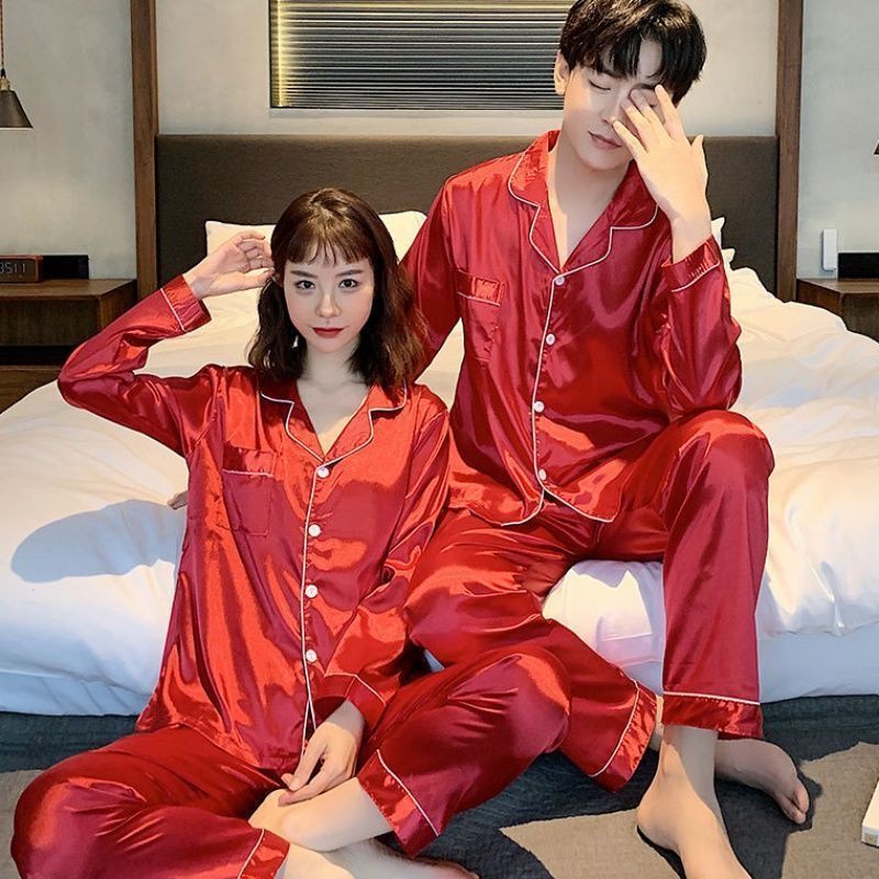 Đồ ngủ & Đồ mặc nhà┅♧Cặp đôi pyjama nữ mùa xuân và thu băng lụa cỡ lớn phục vụ nam giới ở nhà dài tay hè mỏng t