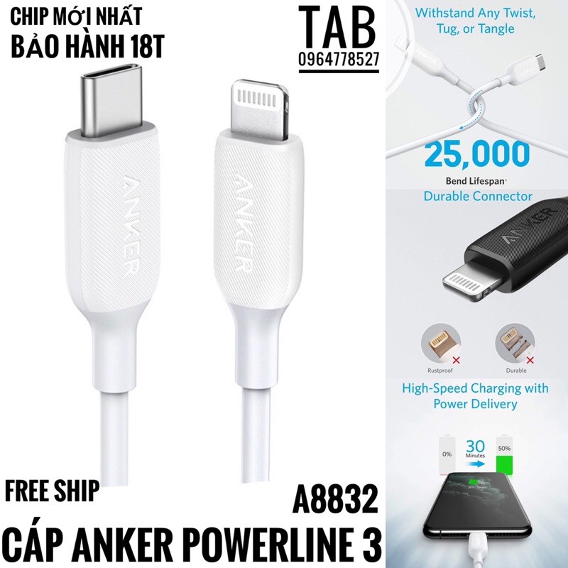 Cáp Anker PowerLine 3 UsbC To Lightning (A8832) - Bảo Hành 18T