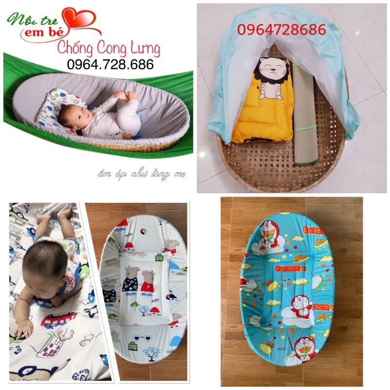 Combo Nôi Tre & Nệm Bọc Nôi 60x90( Cho Bé Từ 0-18 tháng)_( Tặng vòng dâu tằm)