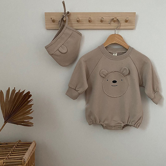 Áo liền quần họa tiết gấu dài tay + mũ xinh xắn cho bé trai và gái sơ sinh