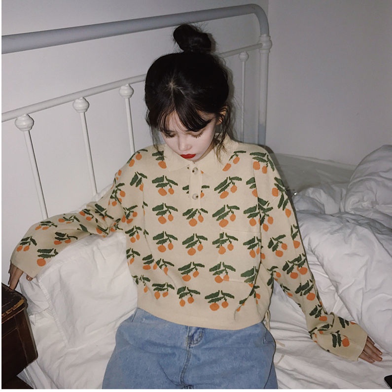 Áo khoác len dây rút in họa tiết cherry dễ thương phong cách retro Nhật Bản thời trang mùa thu tùy chọn màu sắc