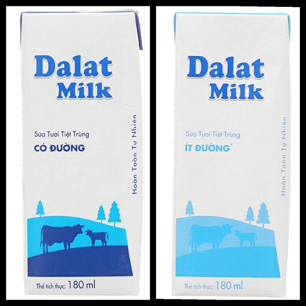 Lốc 4 hộp sữa tươi tiệt trùng có đường và ít đường Dalat Milk 180ml