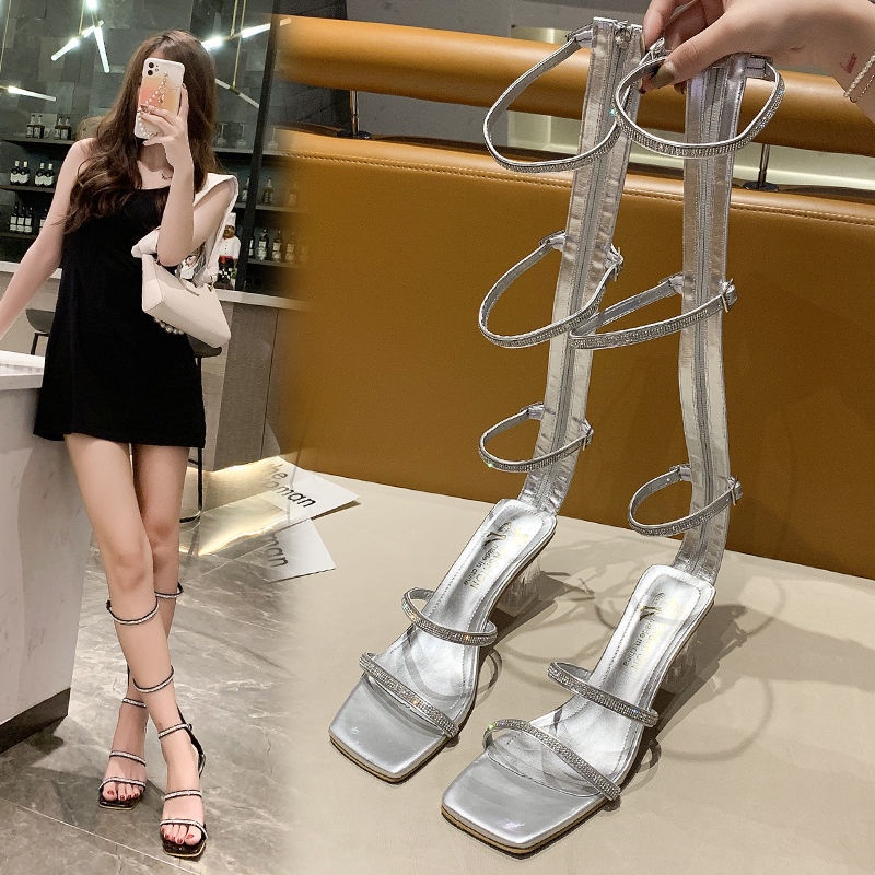 2023 Giày mới cho mùa hè Sandals cho phụ nữ Trang chủ Xăng đan Cao Gót Mũi Vuông Đính Đá Phong Cách Roman Thời Trang Mùa Hè Mới Cho Nữ
