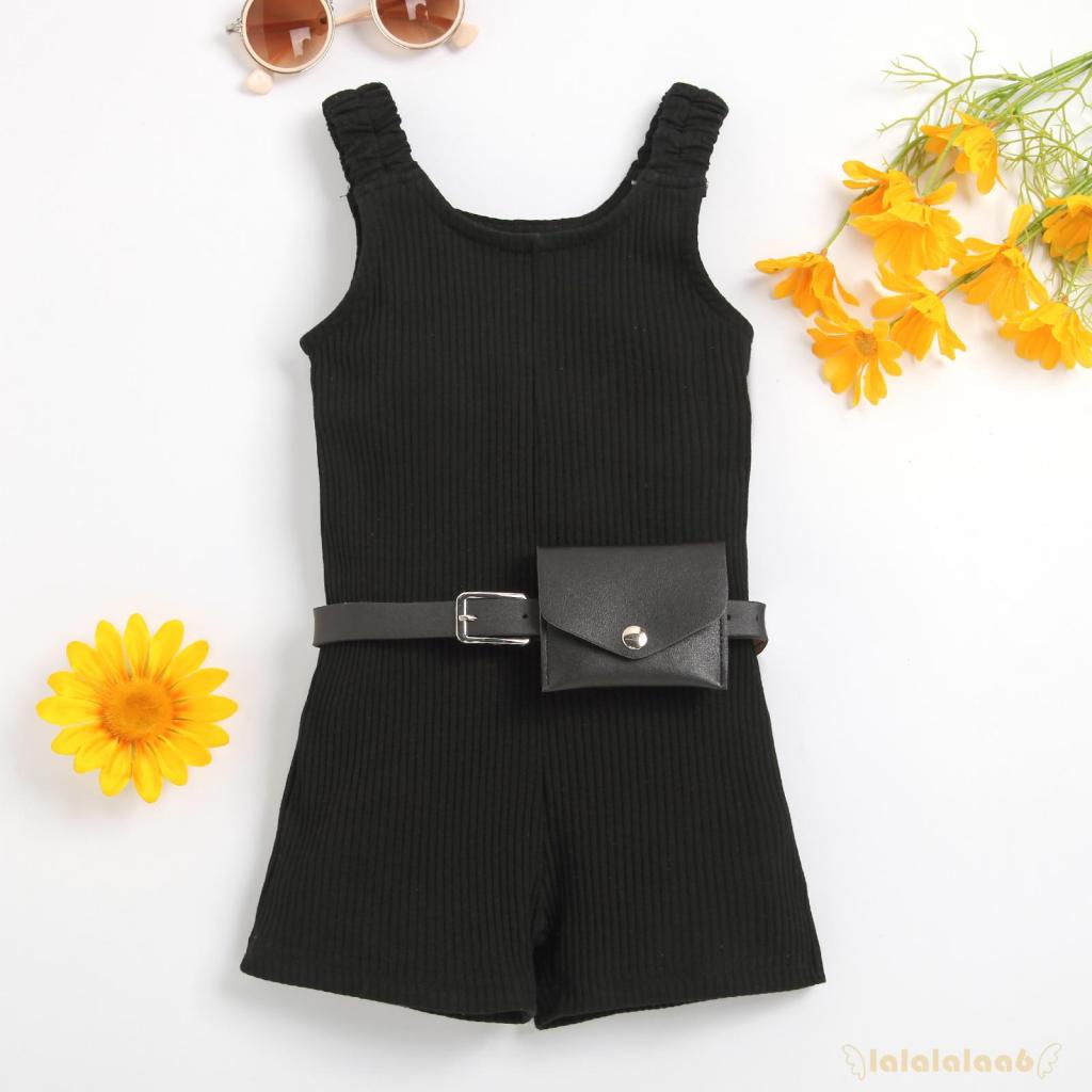 LAA6-Girl´s Jumpsuit Set, Wide Strap Sleeveless Ribbed Short Playsuit + Waist Bag