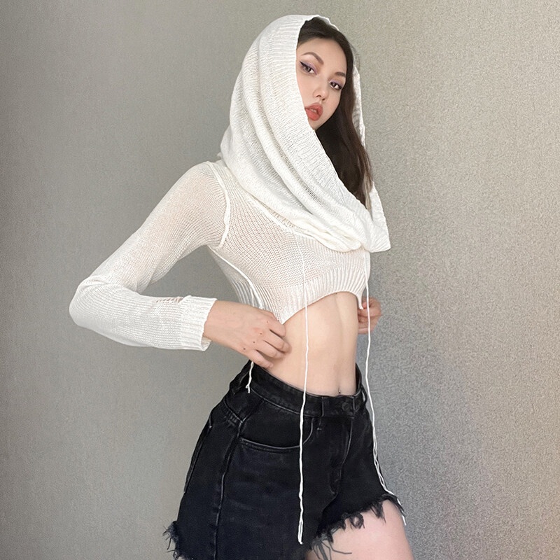Kliou 2023 Mới Áo Hoodie Croptop Dệt Kim Tay Dài Phong Cách Thời Trang Đường Phố Mới 2023