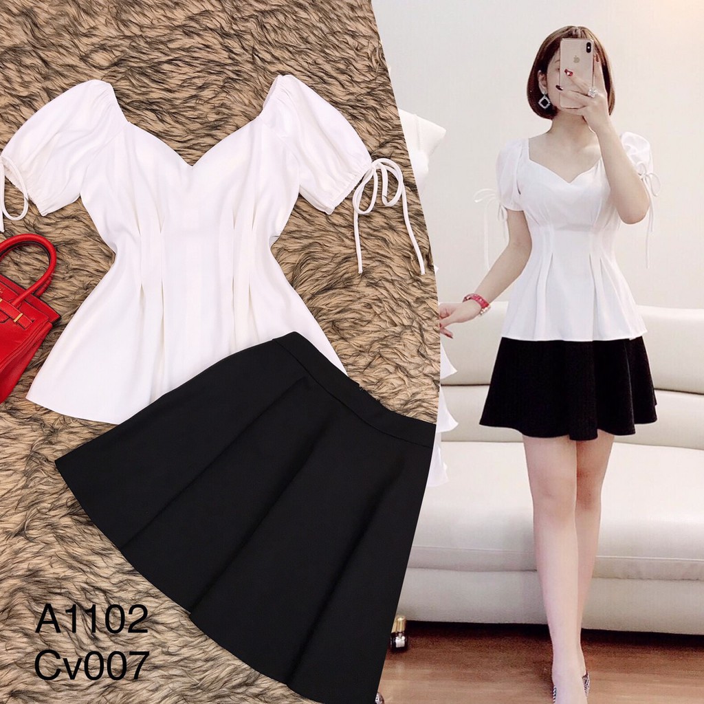 [ xả kho ] MiD Set áo trắng cổ tim S1102 Mie Design