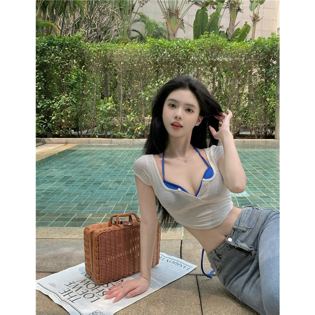 Áo Thun Ngắn Tay Phối Nút Thời Trang Mùa Hè Quyến Rũ