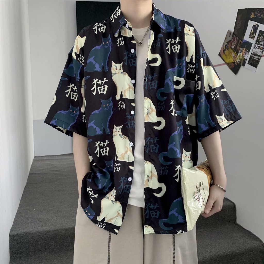 Áo Sơ Mi Nam Tay Ngắn In Hình Mèo Phong Cách Hawaii