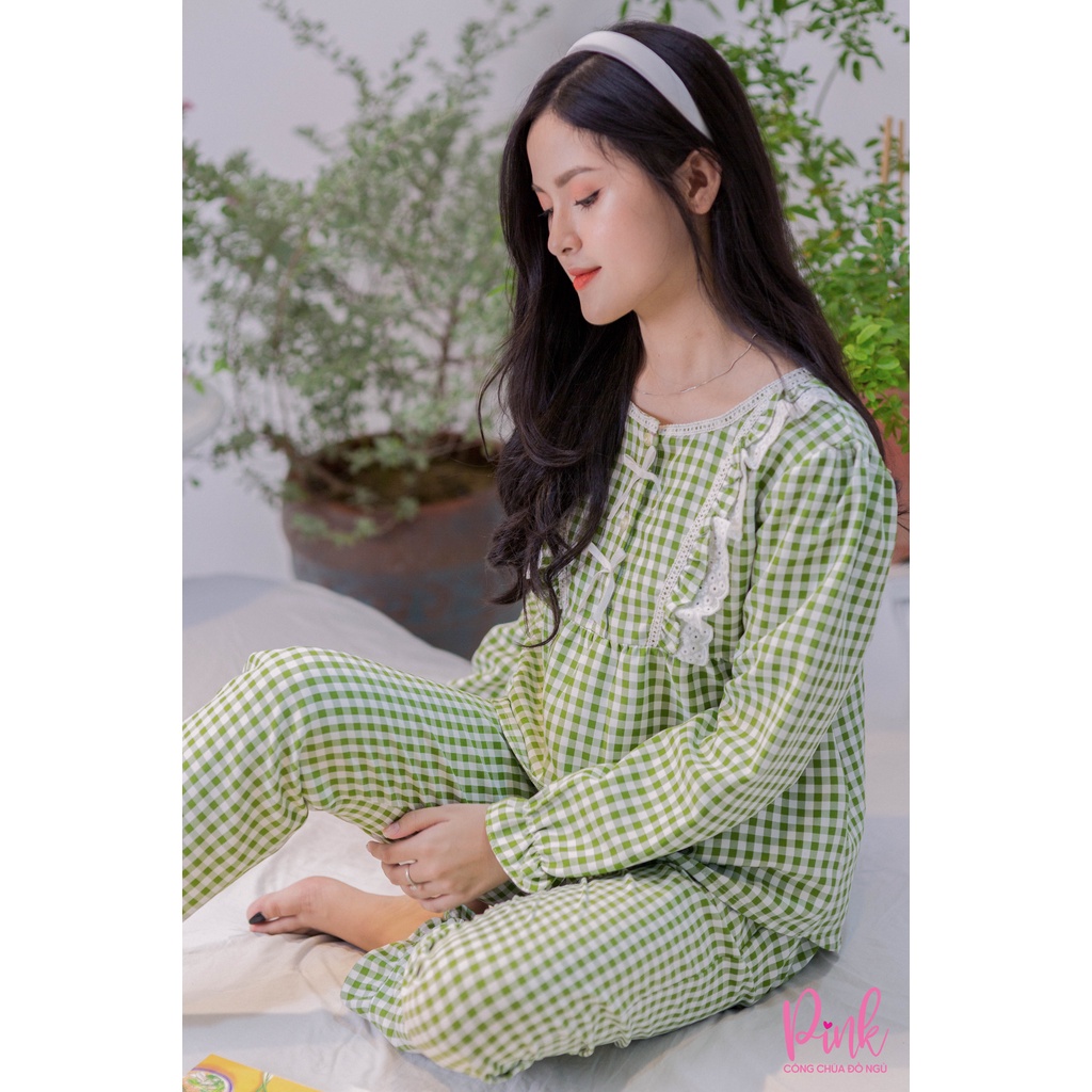 Bộ Ngủ Nữ Pijama Dài Tay Xanh Lục Caro Chất Vải Kate Ấm Siêu Mềm Mịn Đồ Nữ Mùa Đông Thời Trang Hàn Quốc Nữ Tính