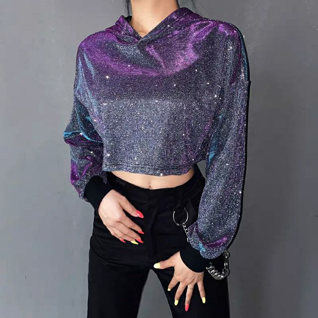 ✨ Áo hoodie croptop có mũ ánh nhũ phản quang lấp lánh dancer bling bling | BigBuy360 - bigbuy360.vn