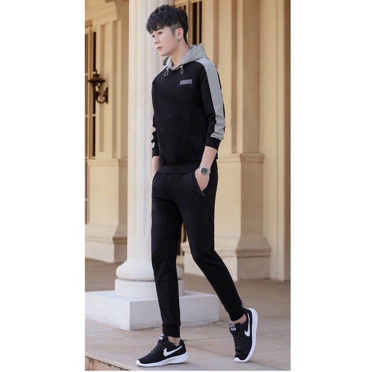 Bộ quần áo nam dài tay, bộ thu đông nam, áo hoodie và quần dài, vải nỉ da cá, đẹp, dày dặn mã T33
