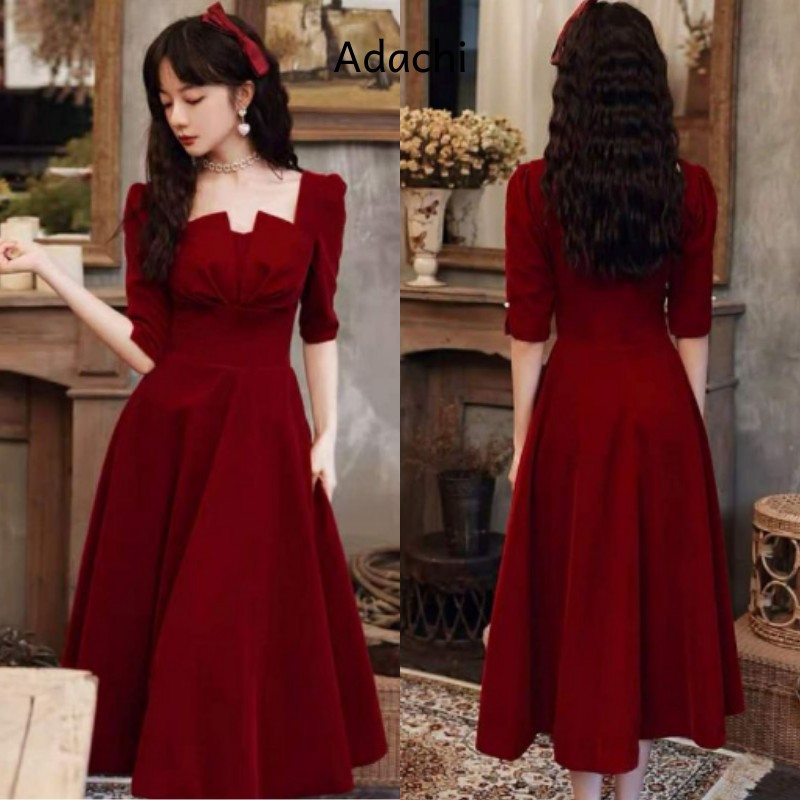 Váy Nhung Đỏ Đô Dáng Xòe Tay Lỡ, Đầm Nhung Dáng Dài Xòe - Chất Liệu Nhung Mềm Mịn Lên Form Cực Chuẩn