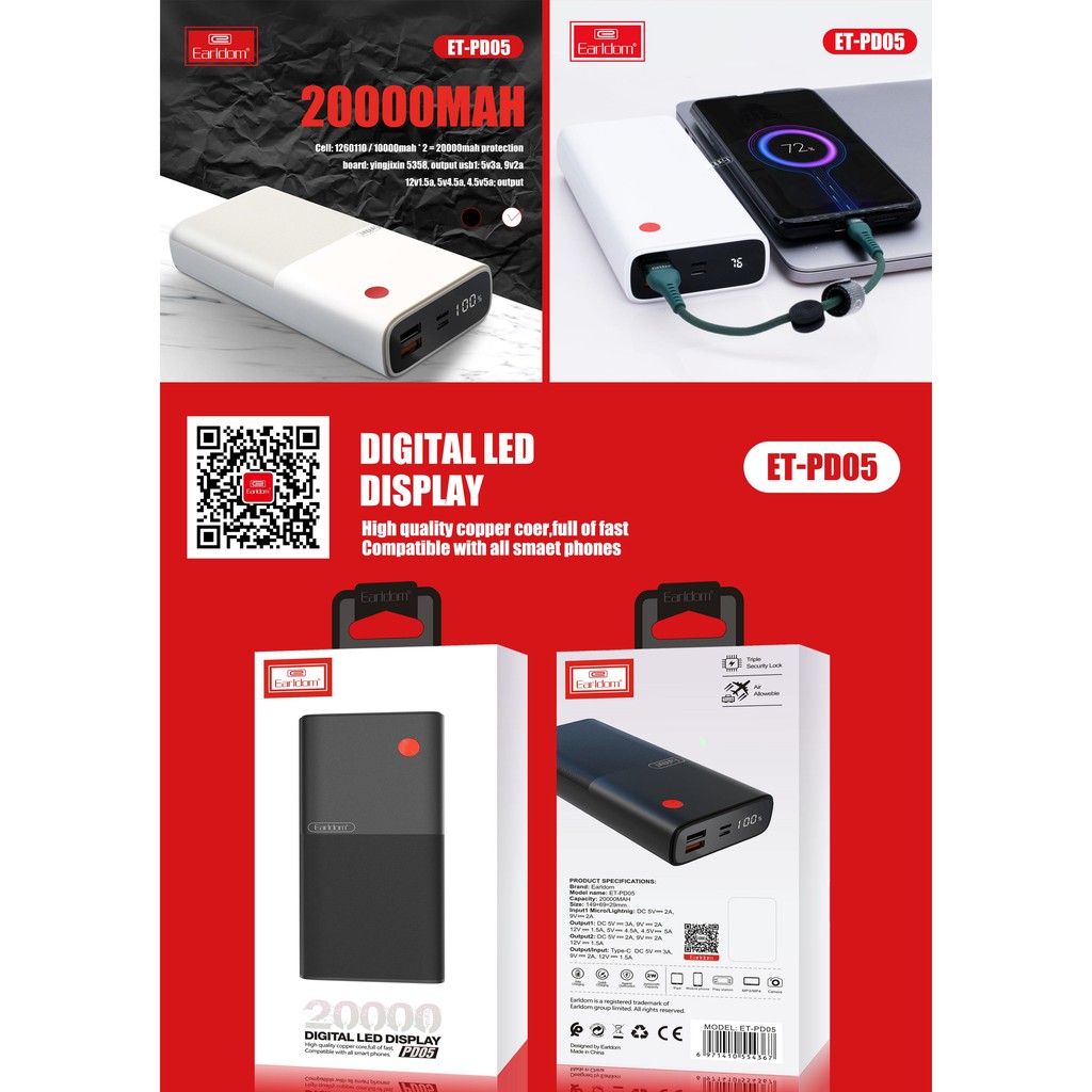 Sạc dự phòng Earldom 20.000 mAh PD – 05