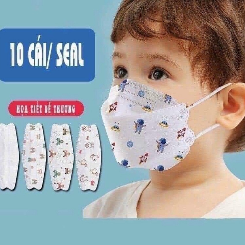 Khẩu trang trẻ em KF94 Hàn Quốc, túi 10 cái, khẩu trang cho bé 3-12 tuổi, thiết kế 4D mask 4 lớp, nhiều màu nhiều hãng