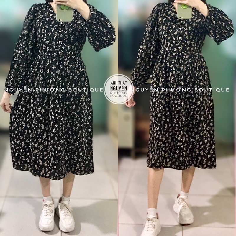 Váy hoa nhí cỏ babydoll cài cúc cổ V dáng dài ulzzang Hàn Quốc