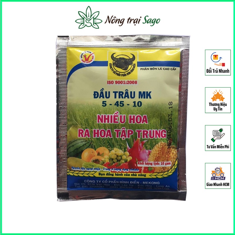 Phân Bón Kích Ra Hoa Tập Trung, Đậu Trái - Hiệu Đầu Trâu NPK 5-45-10 (Gói 10gram) - Nông Trại Sago