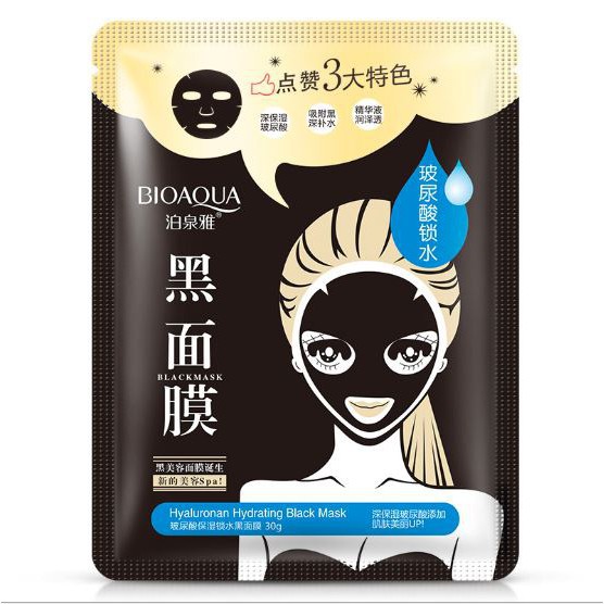 Mặt Nạ Thải Độc Than Tre Hoạt Tính BIOAQUA Hyaluronan Black Mask Đen - Da Trắng Sáng - Săn Chắc - Cấp Ẩm Mask nội Địa