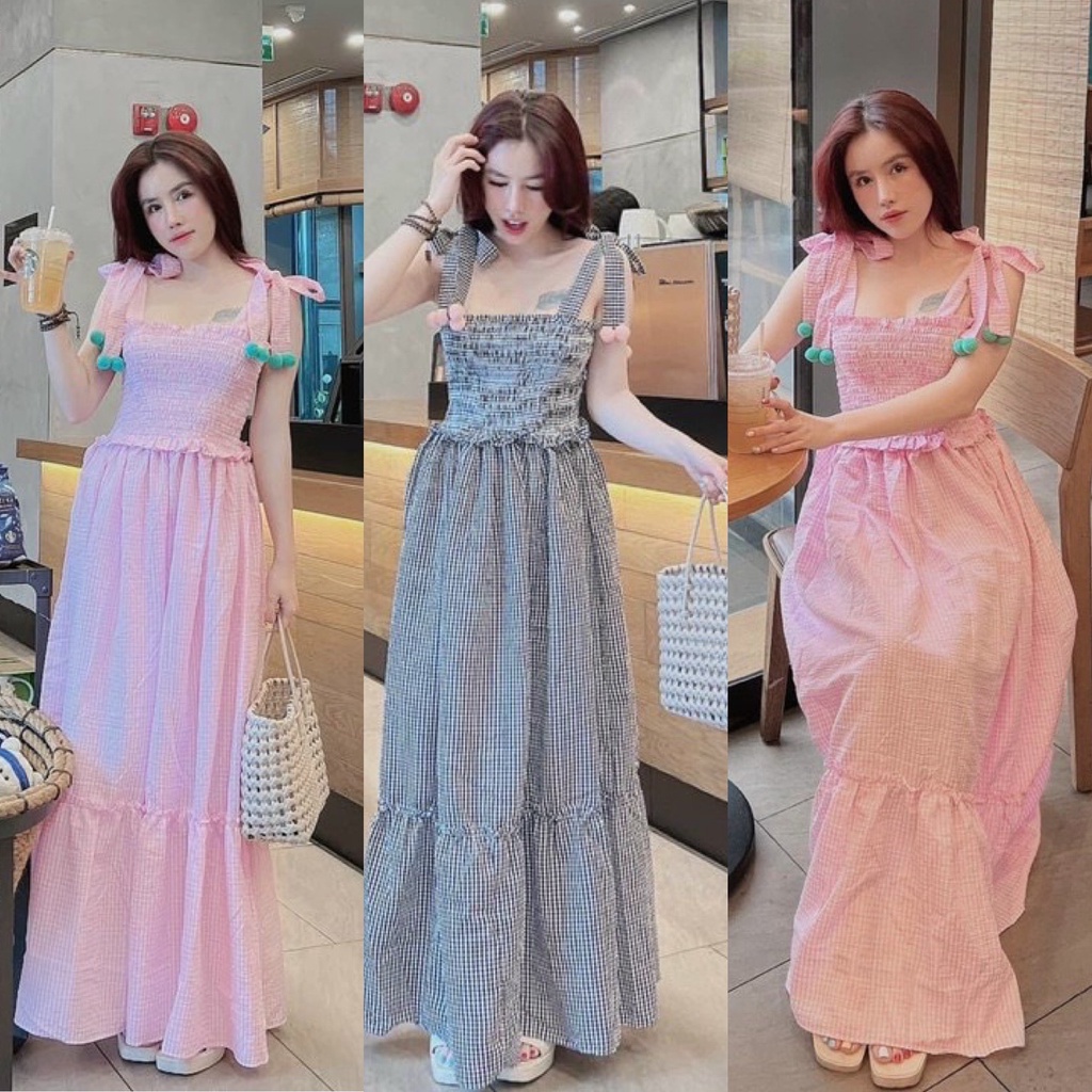 Đầm Maxi Đi Biển Du Lịch Váy Caro Bo Chun Cột Nơ Hàng Qc Cao Cấp Đi Du l.ịch (kèm video)