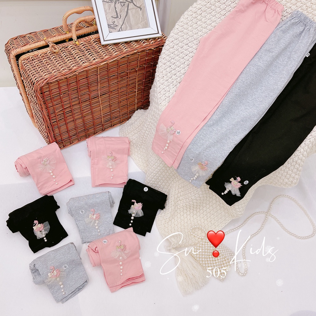 Quần legging chất len tăm cho bé gái thêu thiên nga, đính ngọc trai K056