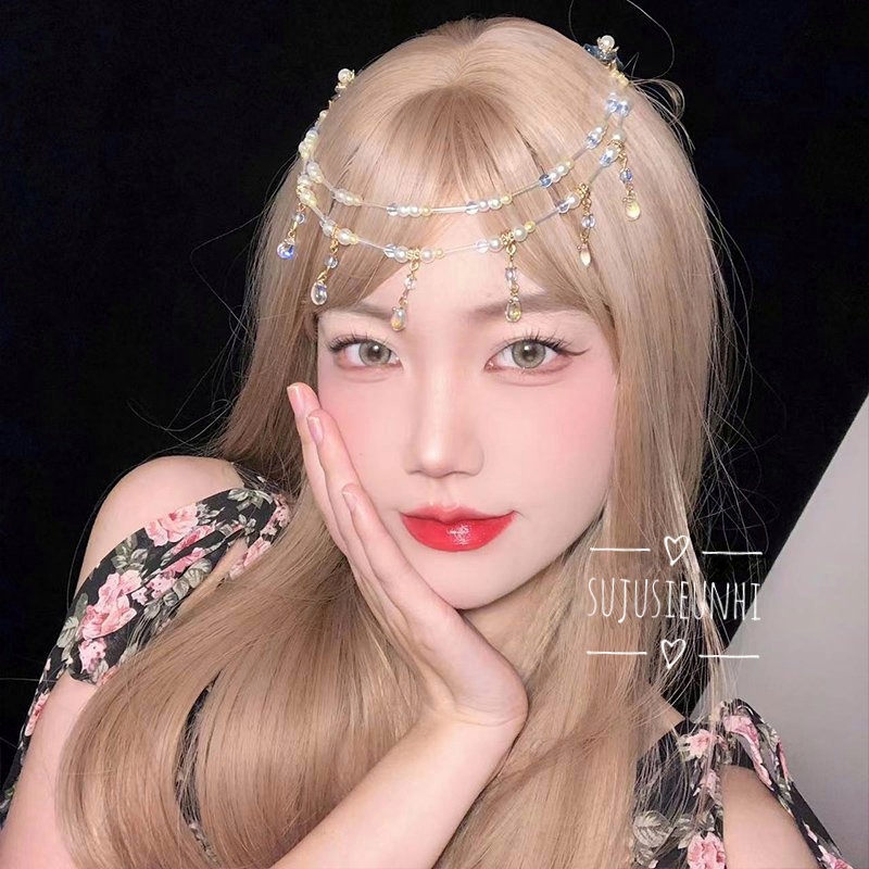 dây cài trán cosplay cổ trang tạo hình chuỗi ngọc 2 tầng trang trí tóc