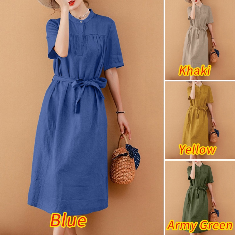 Đầm ZANZEA cổ đứng tay lửng màu trơn buộc dây thời trang cho nữ