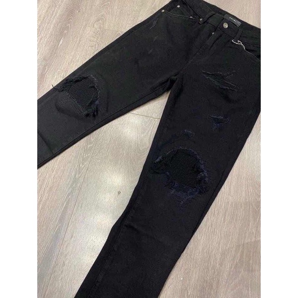 Quần jean đen nam vá nhăn đen khâu viền,Quần bò nam vá nhăn Aimiri rách gối dáng slimfit