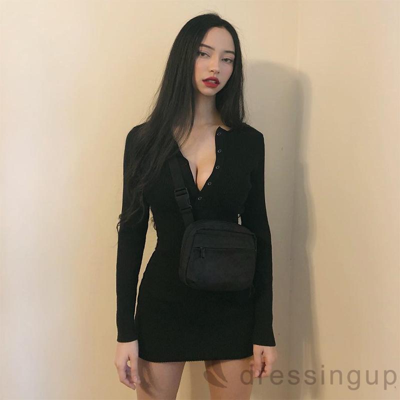 Váy tay dài màu trơn phối nút gài kiểu dáng thời trang dành cho nữ | BigBuy360 - bigbuy360.vn