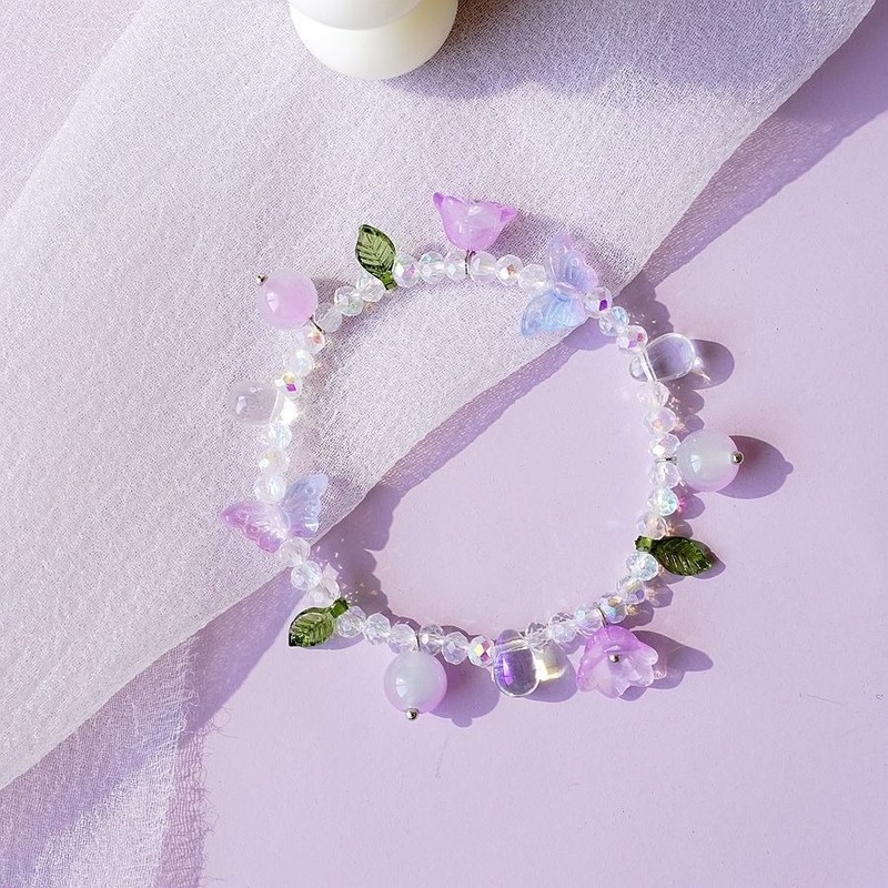 Vòng Tay Chuỗi Hạt Pha Lê Họa Tiết Hoa / Bướm Màu Tím Phong Cách Hàn Quốc Thời