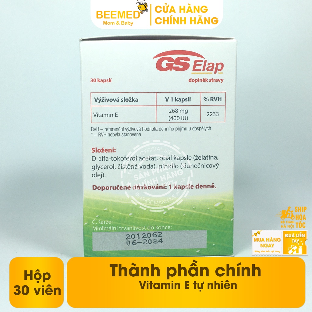 Vitamin E 400IU GS Elap, nhập khẩu từ Châu Âu, hộp 30 viên bổ sung vitamin Enat hữu cơ, đẹp da