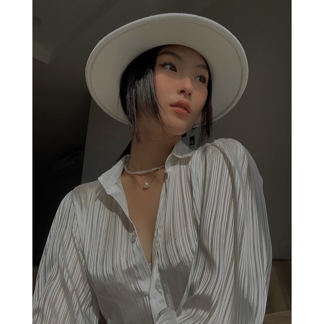 Áo sơmi lụa kim tuyến 2 màu trắng-xanh | BigBuy360 - bigbuy360.vn