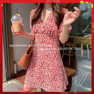 Sale Váy hoa nhí cổ V nhún ngực