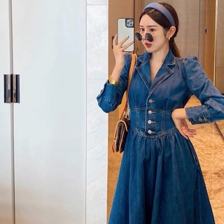 Đầm jeans cổ đức dài tay hở lưng