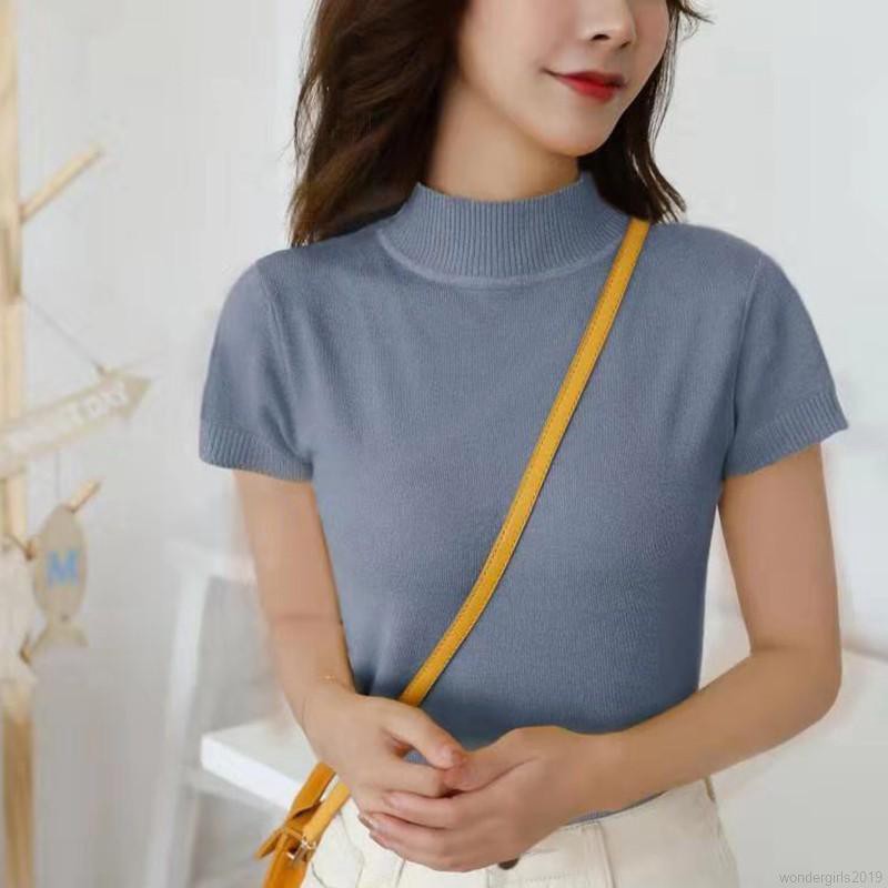 Áo thun dệt kim tay ngắn cổ lọ màu trơn thiết kế trẻ trung thời trang cho nữ