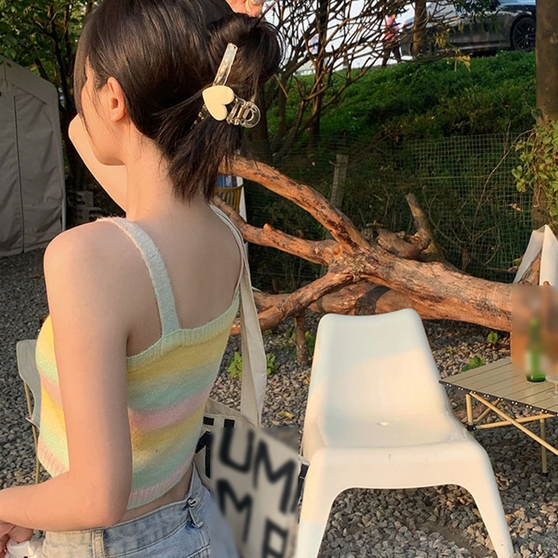 Áo Croptop Dệt Kim Không Tay Dáng Ôm Họa Tiết Kẻ Sọc Nhiều Màu Sắc Dành Cho Nữ