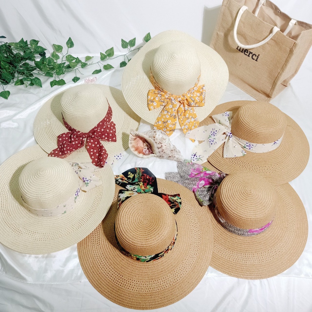 Nón cói/mũ cói nữ đi biển vành rộng phối nơ voan to sang chảnh hình chụp thật-vành rộng nơ voan
