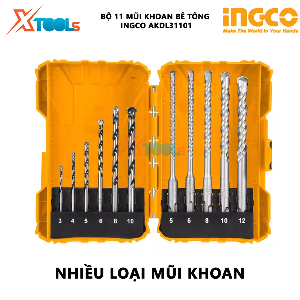 Bộ 11 mũi khoan bê tông đuôi trơn và đuôi gài INGCO AKDL31101 | bộ 11 mũi khoan kích thước 3, 4, 5, 6, 8, 10, 12mm chuyê