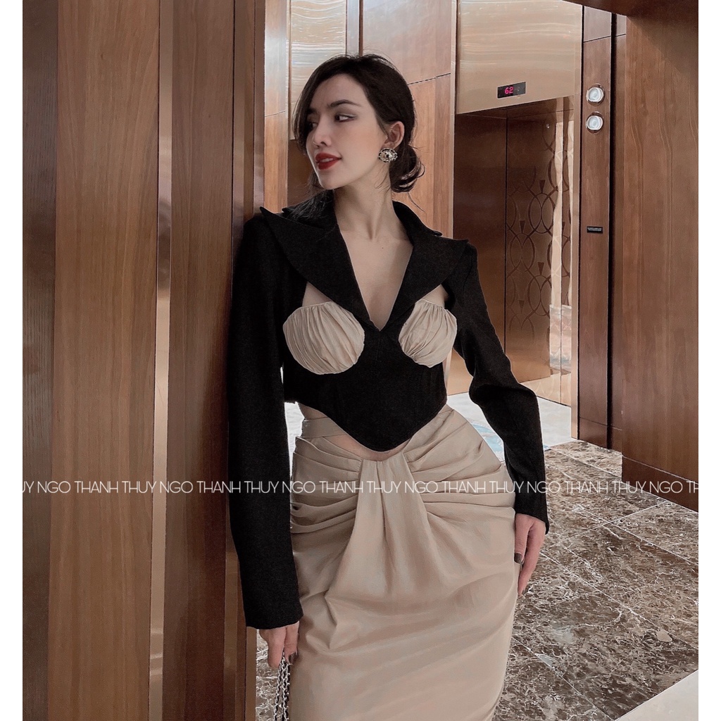 Set Váy Áo Cổ Vest Chân Váy Bút Chì THUYNGOTHANH áo vest dài tay phối chân váy nhún eo